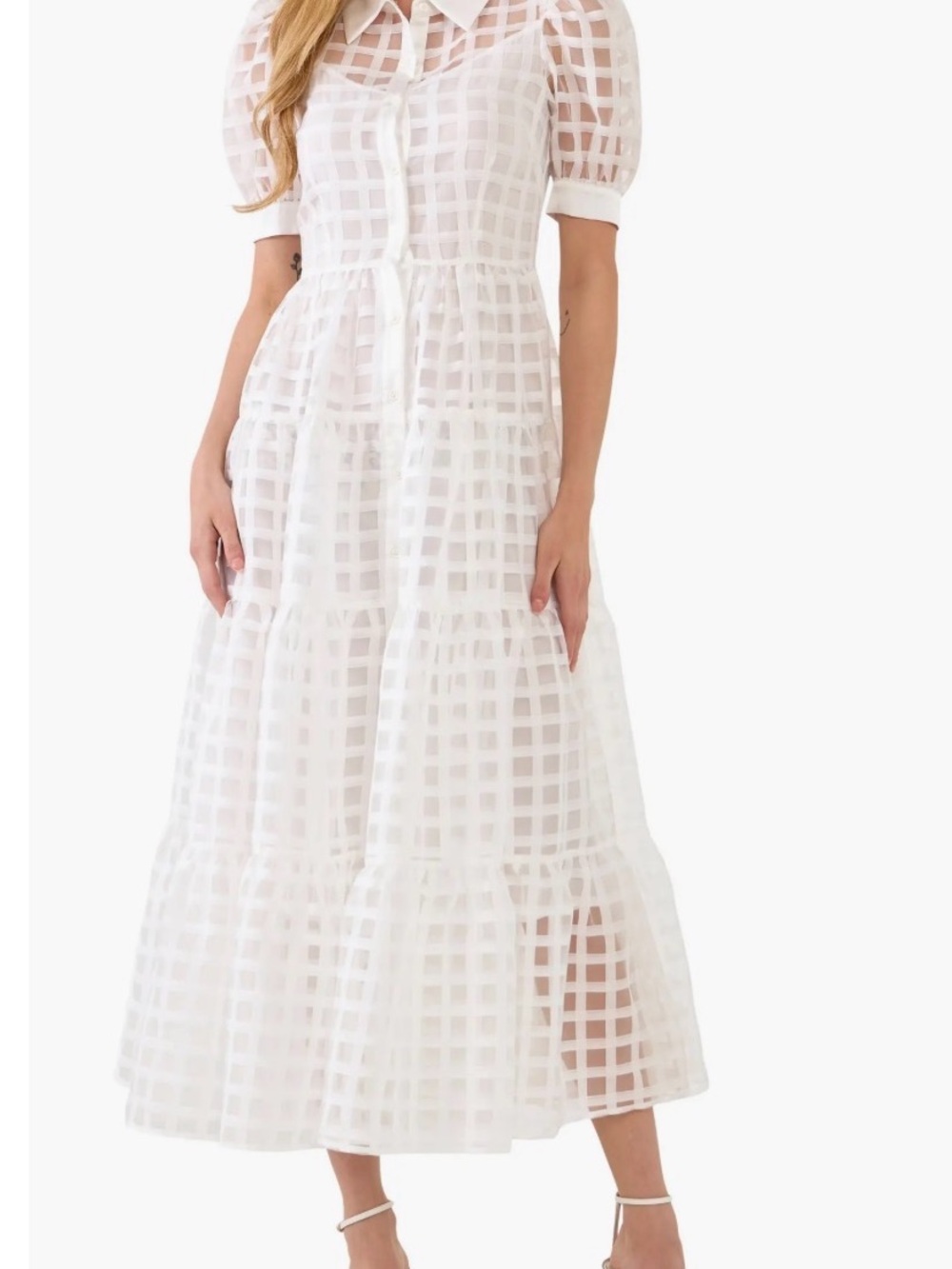 English Factory White Sheer Grid Midi Dress